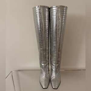 Paris Texas Silver Croc-Embossed Knee Boots